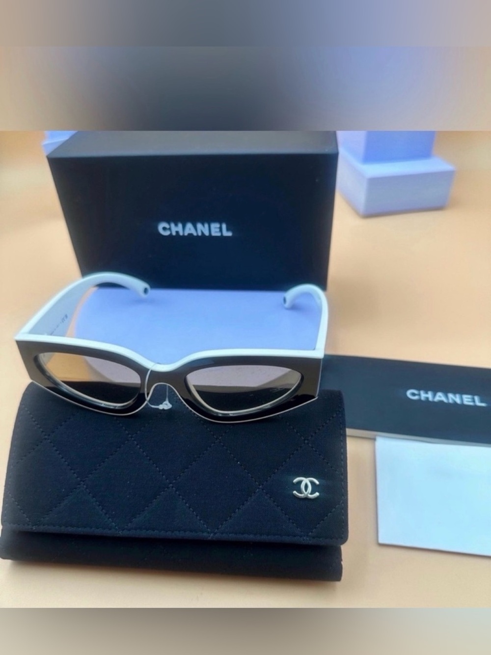 CHANEL Black and White Cat-Eye Sunglasses with Quilted Case CH6056